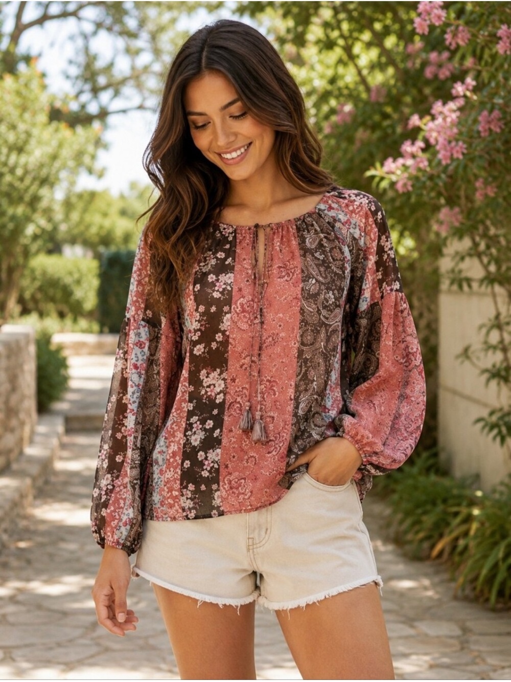 Black Tape_ Pink & Brown Patchwork Dreams Boho Top, XL